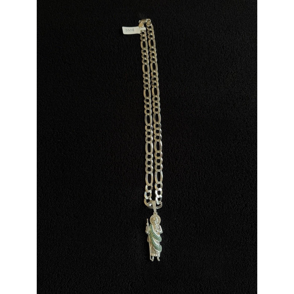 Cadena fígaro con dije de San Judas Tadeo don piedritas verdes - Plata 925 - Picture 3 of 3